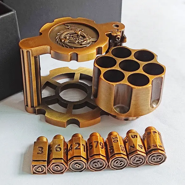 Revolver Metal Dice Set, 7 Piece Polyhedral Bullet Dice with Spinning Revolver Cylinder Case box