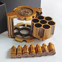 Revolver Metal Dice Set, 7 Piece Polyhedral Bullet Dice with Spinning Revolver Cylinder Case box